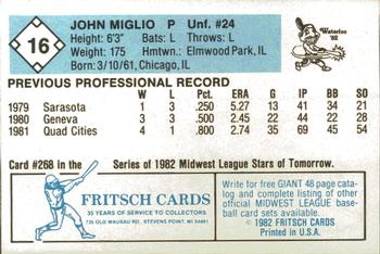 1982 Fritsch Waterloo Indians #16 John Miglio Back