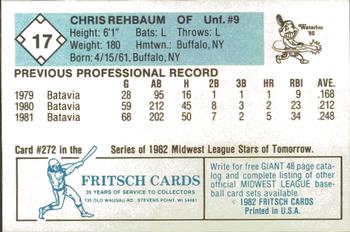 1982 Fritsch Waterloo Indians #17 Chris Rehbaum Back