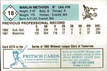 1982 Fritsch Waterloo Indians #18 Marlin Methven Back