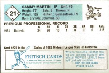 1982 Fritsch Waterloo Indians #21 Sammy Martin Back