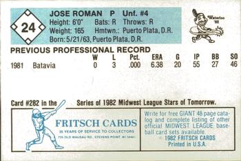 1982 Fritsch Waterloo Indians #24 Jose Roman Back