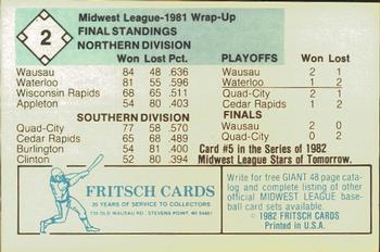 1982 Fritsch Wausau Timbers #2 1981 Midwest League Champs Back