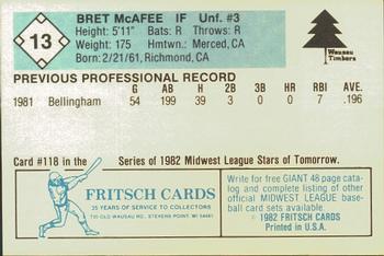 1982 Fritsch Wausau Timbers #13 Bret McAfee Back