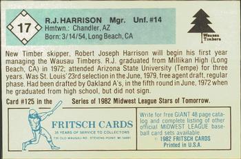 1982 Fritsch Wausau Timbers #17 R.J. Harrison Back