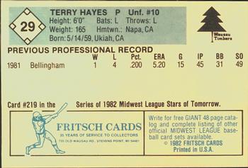 1982 Fritsch Wausau Timbers #29 Terry Hayes Back