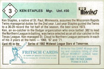 1982 Fritsch Wisconsin Rapids Twins #3 Ken Staples Back