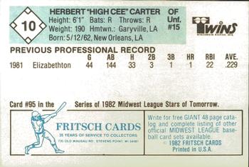 1982 Fritsch Wisconsin Rapids Twins #10 Herbert Carter Back