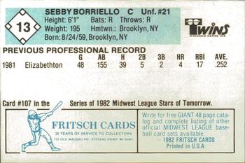 1982 Fritsch Wisconsin Rapids Twins #13 Sebby Borriello Back