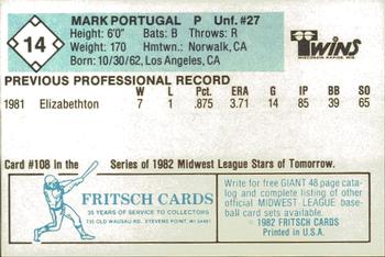 1982 Fritsch Wisconsin Rapids Twins #14 Mark Portugal Back