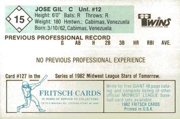 1982 Fritsch Wisconsin Rapids Twins #15 Jose Gil Back