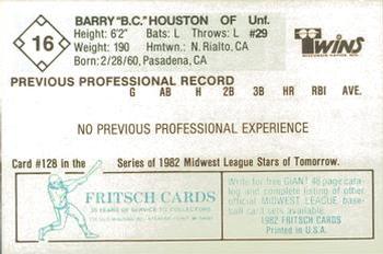1982 Fritsch Wisconsin Rapids Twins #16 Barry Houston Back