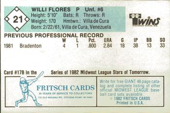 1982 Fritsch Wisconsin Rapids Twins #21 Willi Flores Back