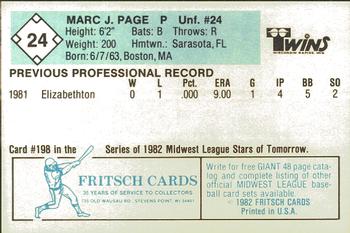 1982 Fritsch Wisconsin Rapids Twins #24 Marc Page Back