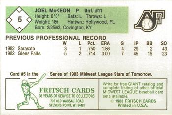 1983 Fritsch Appleton Foxes #5 Joel McKeon Back