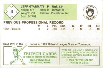 1983 Fritsch Beloit Brewers #4 Jeff Gyarmati Back