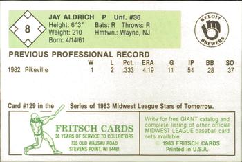 1983 Fritsch Beloit Brewers #8 Jay Aldrich Back