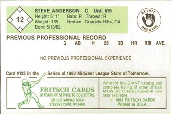 1983 Fritsch Beloit Brewers #12 Steve Anderson Back