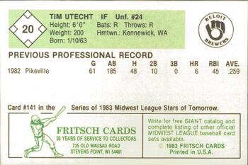 1983 Fritsch Beloit Brewers #20 Tim Utecht Back