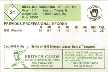 1983 Fritsch Beloit Brewers #21 Billy Joe Robidoux Back