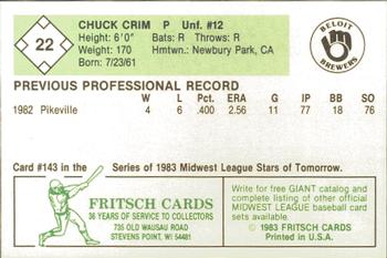1983 Fritsch Beloit Brewers #22 Chuck Crim Back