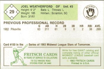 1983 Fritsch Beloit Brewers #29 Joel Weatherford Back