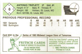 1983 Fritsch Burlington Rangers #6 Antonio Triplett Back