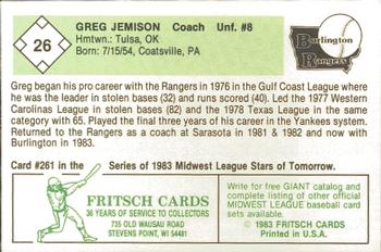 1983 Fritsch Burlington Rangers #26 Greg Jemison Back