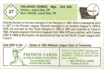 1983 Fritsch Burlington Rangers #27 Orlando Gomez Back