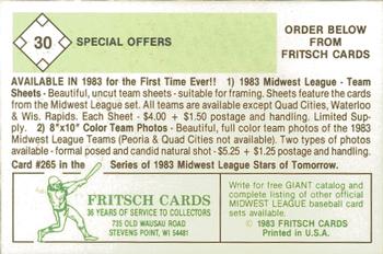 1983 Fritsch Burlington Rangers #30 Special Offers Back