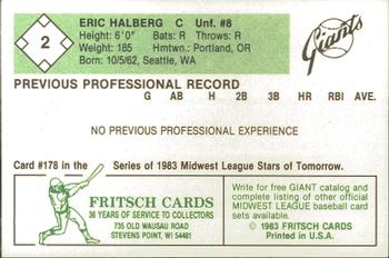 1983 Fritsch Clinton Giants #2 Eric Halberg Back