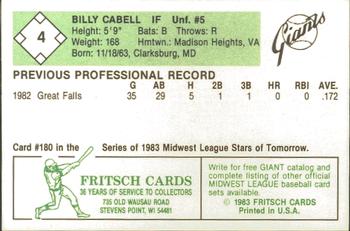 1983 Fritsch Clinton Giants #4 Billy Cabell Back