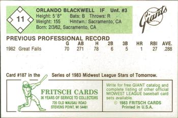 1983 Fritsch Clinton Giants #11 Orlando Blackwell Back