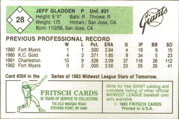 1983 Fritsch Clinton Giants #28 Jeff Gladden Back