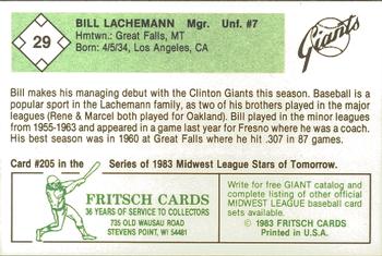 1983 Fritsch Clinton Giants #29 Bill Lachemann Back