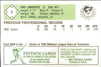1983 Fritsch Peoria Suns #1 Ray Jimenez Back