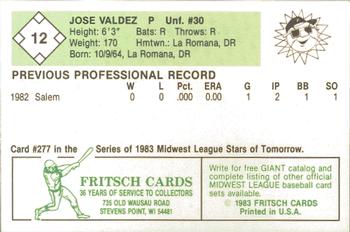 1983 Fritsch Peoria Suns #12 Jose Valdez Back