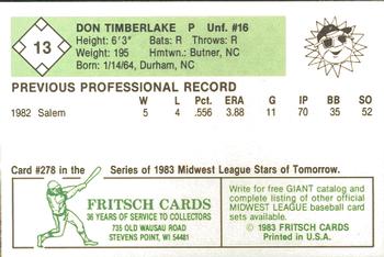 1983 Fritsch Peoria Suns #13 Don Timberlake Back