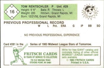1983 Fritsch Peoria Suns #16 Tom Rentschler Back