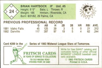 1983 Fritsch Peoria Suns #24 Brian Hartsock Back