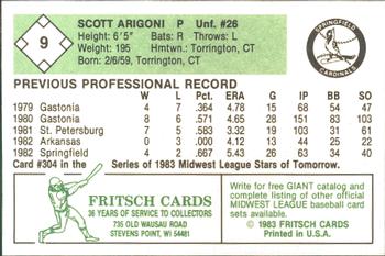 1983 Fritsch Springfield Cardinals #9 Scott Arigoni Back