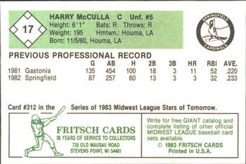 1983 Fritsch Springfield Cardinals #17 Harry McCulla Back