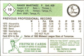 1983 Fritsch Springfield Cardinals #19 Randy Martinez Back