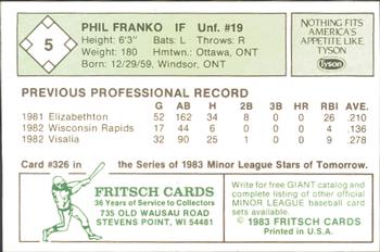 1983 Fritsch Visalia Oaks #5 Phil Franko Back