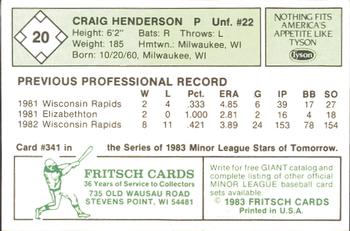 1983 Fritsch Visalia Oaks #20 Craig Henderson Back