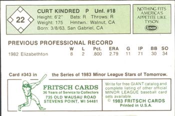 1983 Fritsch Visalia Oaks #22 Curt Kindred Back