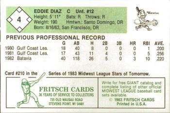 1983 Fritsch Waterloo Indians #4 Eddie Diaz Back