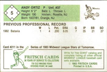 1983 Fritsch Waterloo Indians #5 Andy Ortiz Back