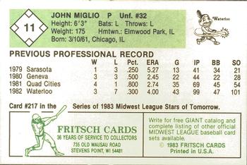 1983 Fritsch Waterloo Indians #11 John Miglio Back