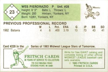 1983 Fritsch Waterloo Indians #23 Wes Pierorazio Back