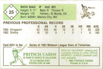 1983 Fritsch Waterloo Indians #25 Rich Diaz Back